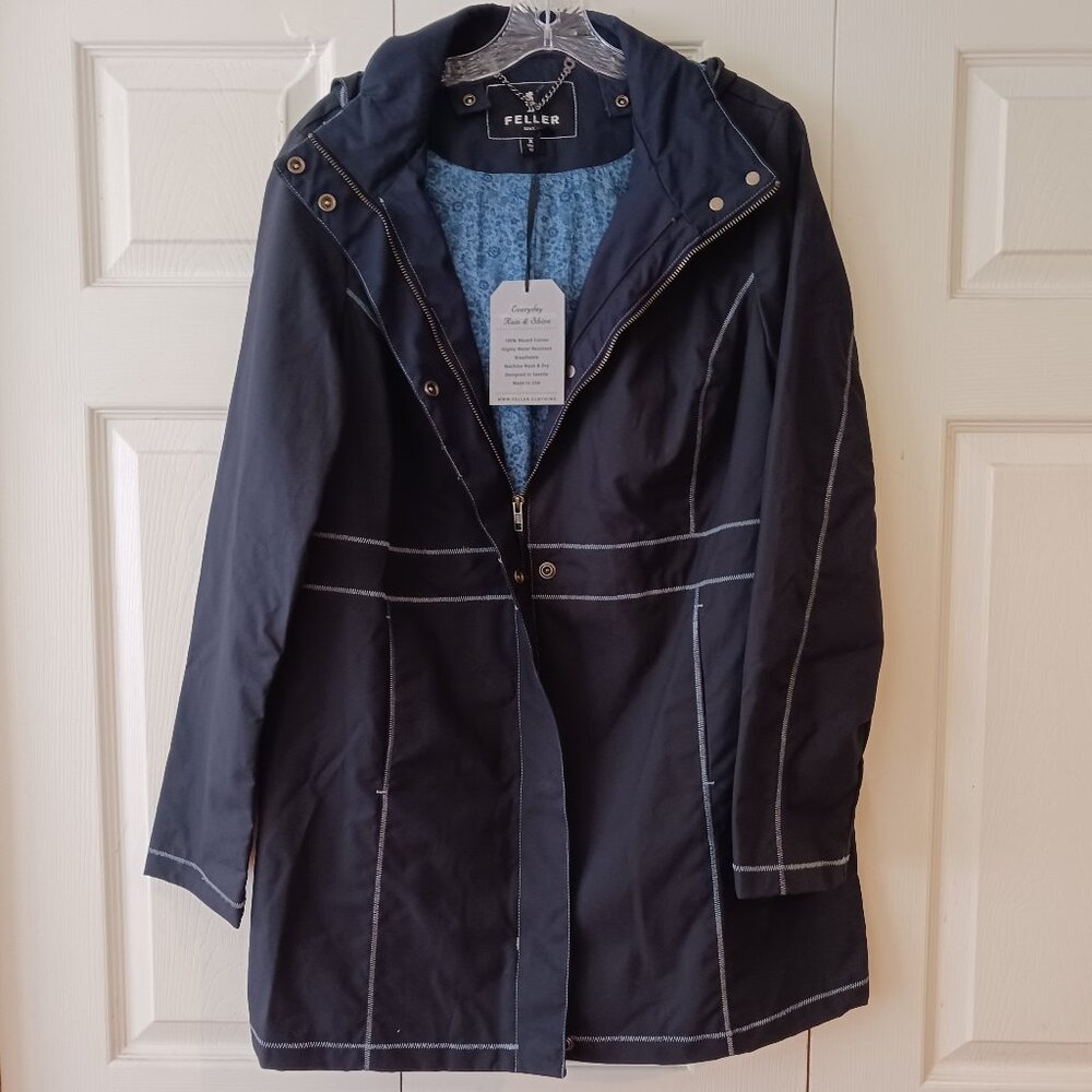 FELLER waxed cotton raincoat Howe fitted coat in navy size XL
